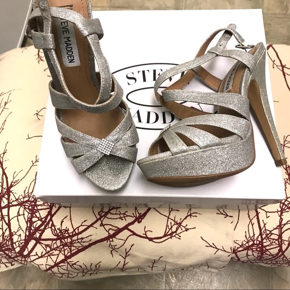 Steve Madden Uptown Silver Glitter Platform Sandals 5.5 Worn Once - Picture 7 of 16